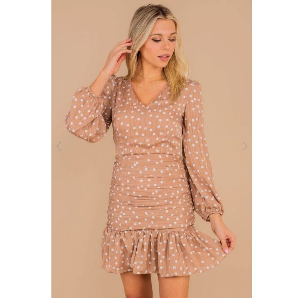 Storia Tan Polka Dot Ruched Ruffled Mini Dress